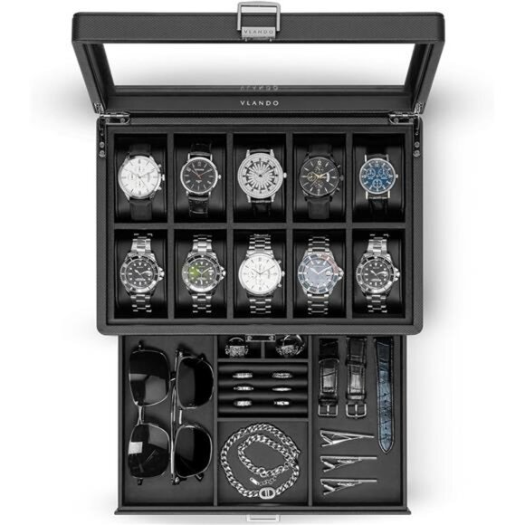 Mens Watch Box Organizer 10 Slot Leather Jewelry Case with Drawer Glass Lid - Picture 1 of 8